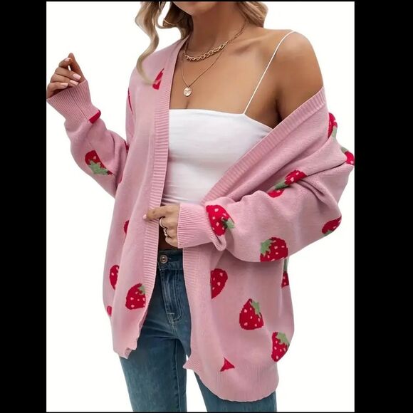 Sweaters - Women’s Pink Strawberry Cardigan Sweater